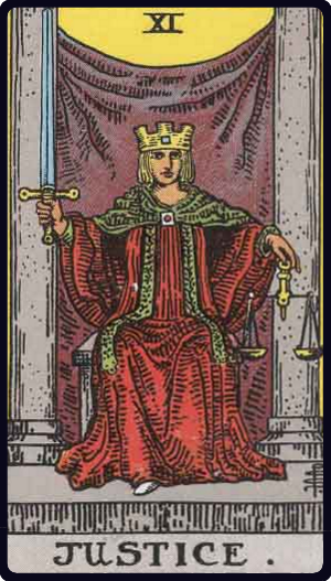 Justice tarot card from the Rider-Waite-Smith deck