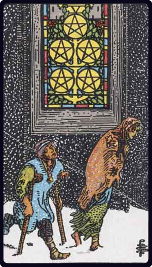 Five of Pentacles tarot card from the Rider-Waite-Smith deck