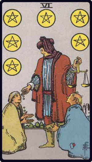 Six of Pentacles tarot card from the Rider-Waite-Smith deck