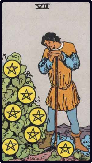 Seven of Pentacles tarot card from the Rider-Waite-Smith deck