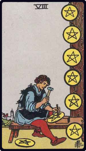 Eight of Pentacles tarot card from the Rider-Waite-Smith deck