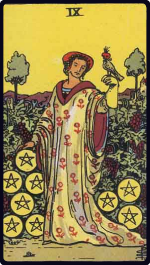 Nine of Pentacles tarot card from the Rider-Waite-Smith deck