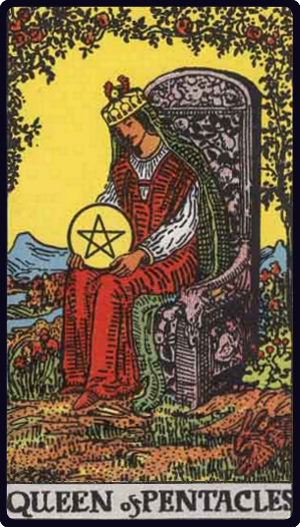 Queen of Pentacles tarot card from the Rider-Waite-Smith deck