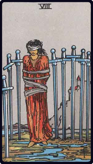 Eight of Swords tarot card from the Rider-Waite-Smith deck