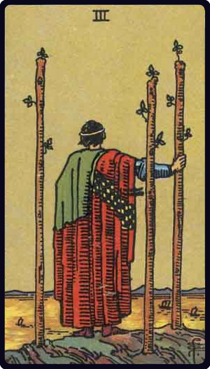 Three of Wands tarot card from the Rider-Waite-Smith deck