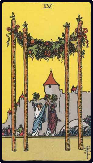 Four of Wands tarot card from the Rider-Waite-Smith deck