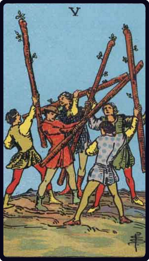 Five of Wands tarot card from the Rider-Waite-Smith deck