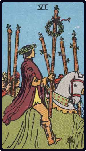Six of Wands tarot card from the Rider-Waite-Smith deck