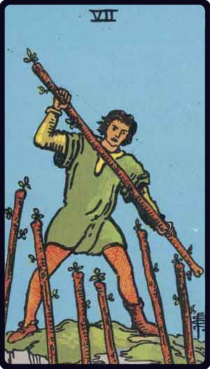 Seven of Wands tarot card from the Rider-Waite-Smith deck