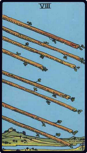 Eight of Wands tarot card from the Rider-Waite-Smith deck