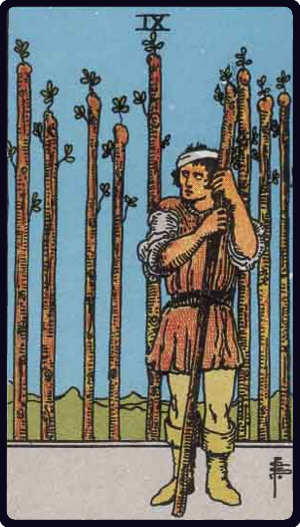 Nine of Wands tarot card from the Rider-Waite-Smith deck